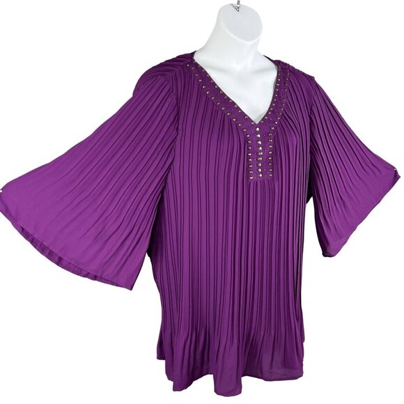 Woman Within NEW 2X 26-28 Purple Pleated Top Studded Bell Sleeves Fairycore - Picture 6 of 16